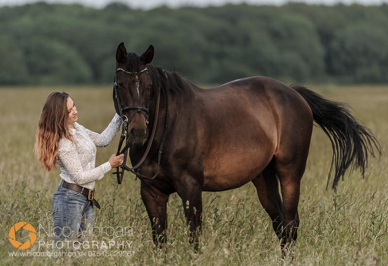 Laura Keeley yard shoot, Lincolnshire equine photography - Sunset portrait of Laura and her horse
