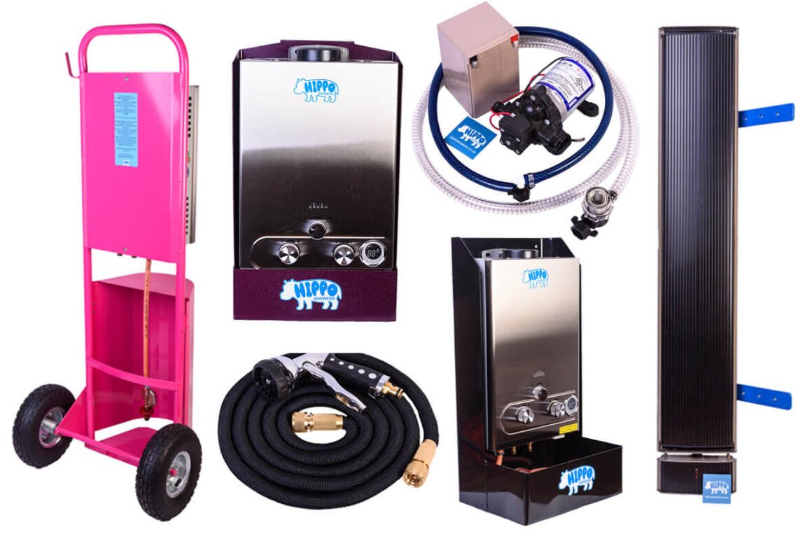 Collage of hippo hot water shower products
