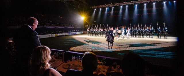 Terry Spraggett receives the salute of The Household Cavalry Ride at HOYS