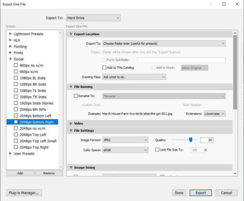 Adobe Lightroom export preset dialog