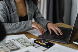 a model using a laptop to illustrate how to make money from equine photography