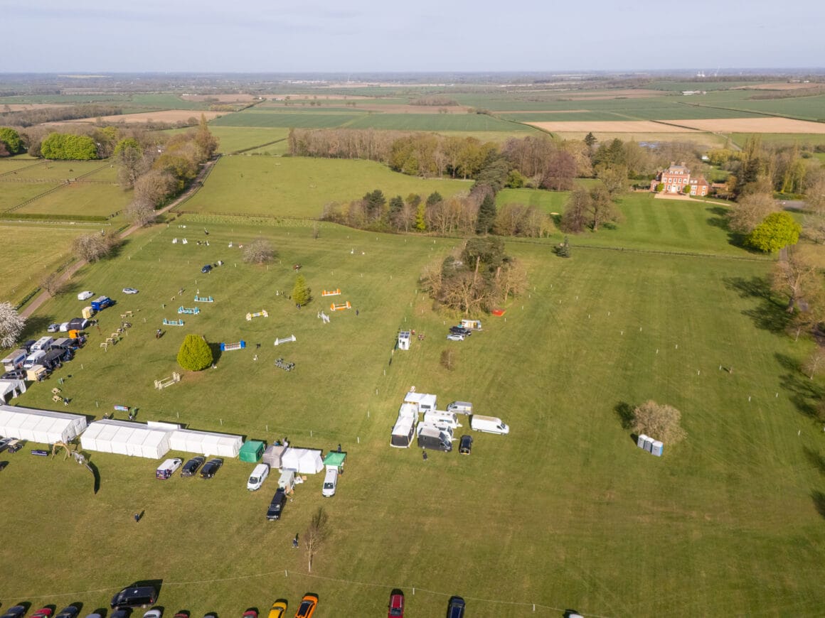 Tetworth Hall and the showjumping arena from the air