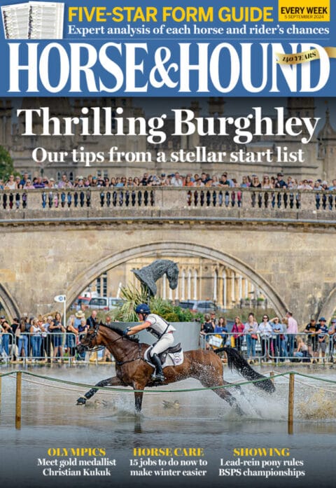 Bubby Upton and COLA crossing the lake at Burghley Horse Trials on the cover of Horse & Hound September 2024